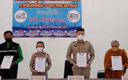 นายอำเภอป่าติ้ว นำหน่วยงาน MOU ดำเนินงานตามมาตรการ Covid Free Setting และ Kick Off การดำเนินงาน Covid Free Setting ป้องกันโควิด-19